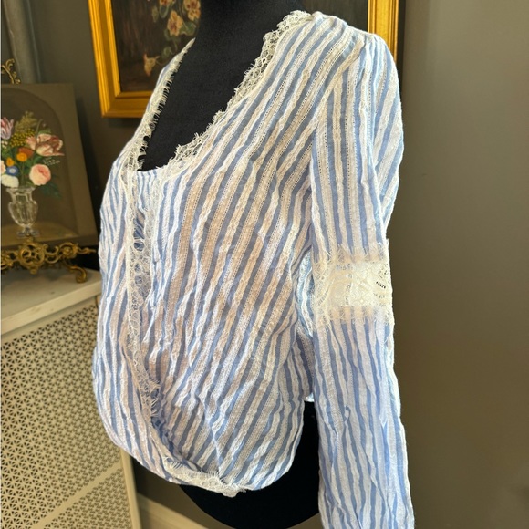 BCBG MAZAZRIA faux wrapped top in blue and white stripe - Picture 8 of 11